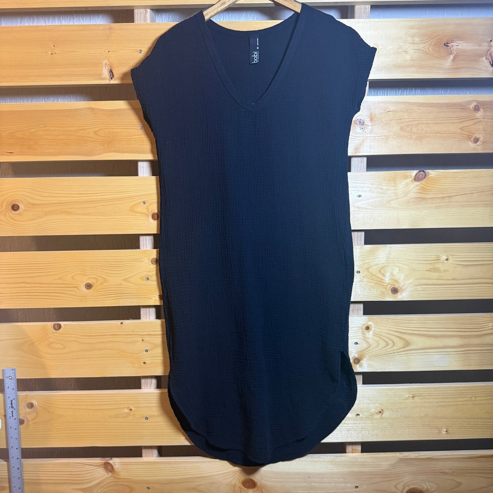 Bobi Los Angeles Gauze Shift Dress Womens Small Black V-Neck Cap Sleeve Casual